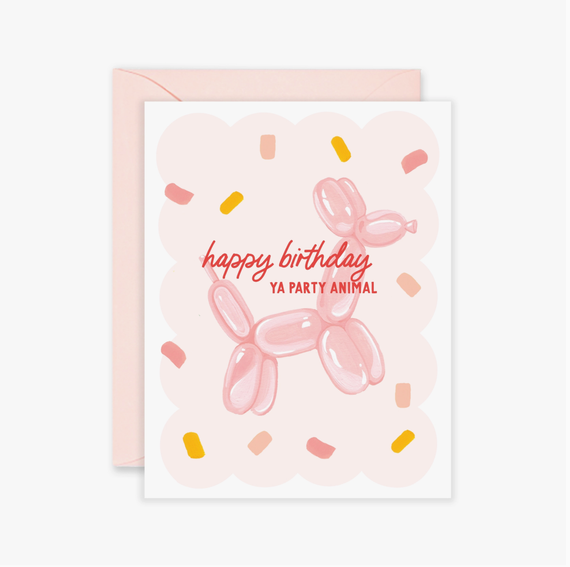 A pink birthday card with an illustration of a balloon animal and the text 'HAPPY BIRTHDAY' and 'YA PARTY ANIMAL' on it, along with a pink envelope.