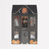 Halloween themed cupake toppers packaged inside a black house box. Paper toppers include two ghost, pumpkins, witch, and skeleton 