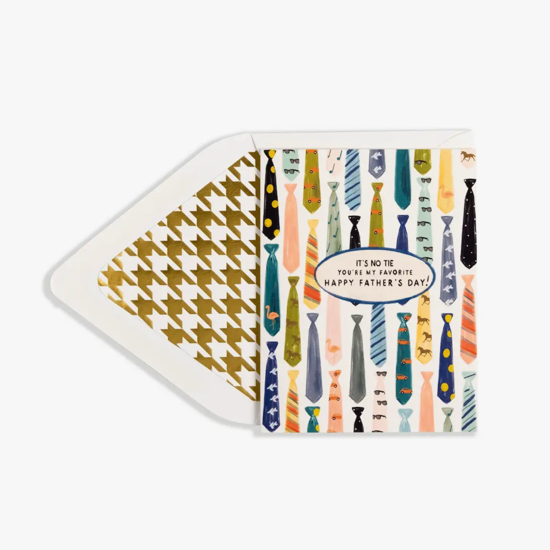 A greeting card with a Father's Day theme, featuring a patterned design with ties and a humorous message 'It's No Tie' on the front, paired with a matching envelope.