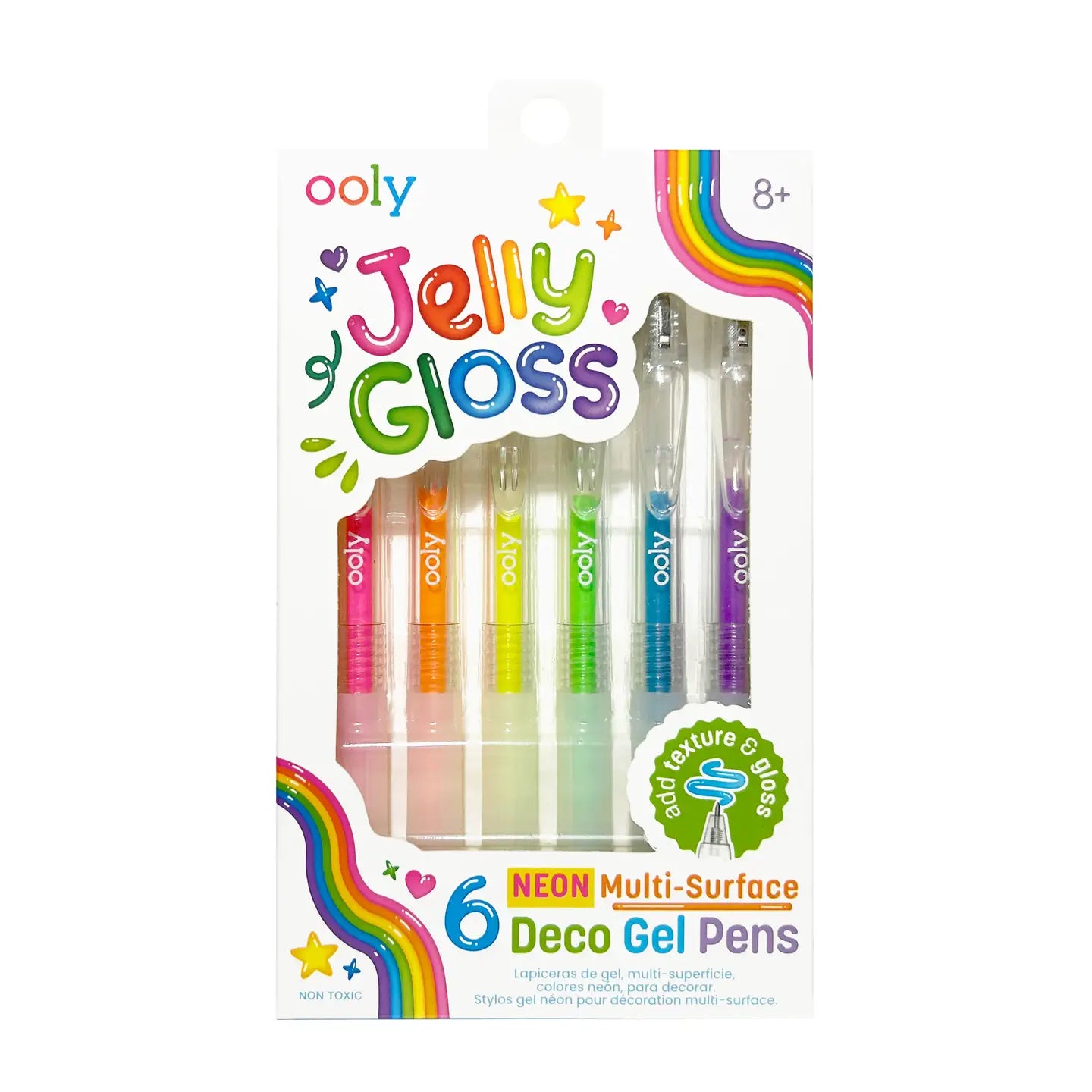 Packaging of ooly Jelly Gloss neon multi-surface deco gel pens featuring six colorful pens visible through a clear plastic window, with rainbow and star graphics on the top.