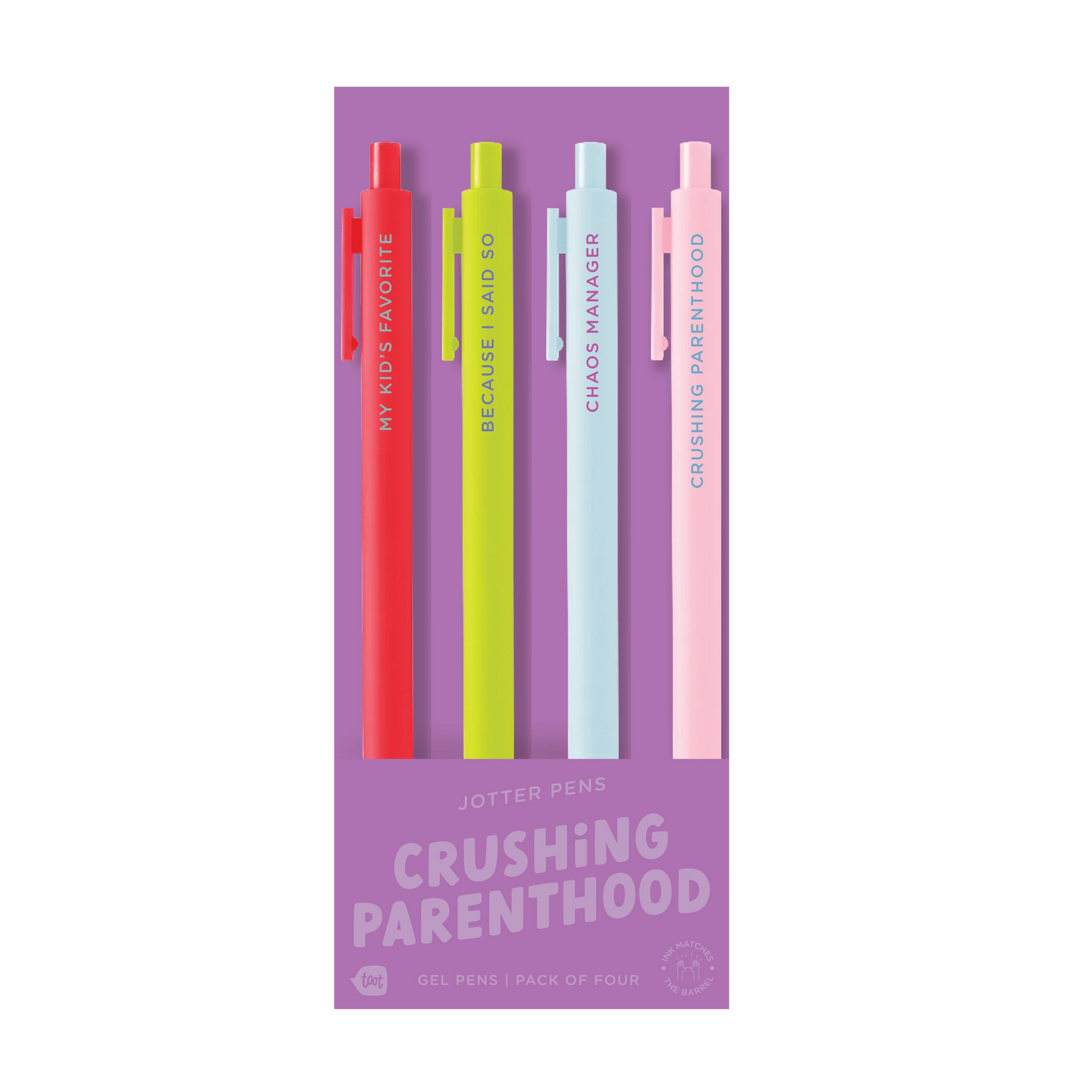 Set of four colorful pens in a purple packaging with text, on a white background