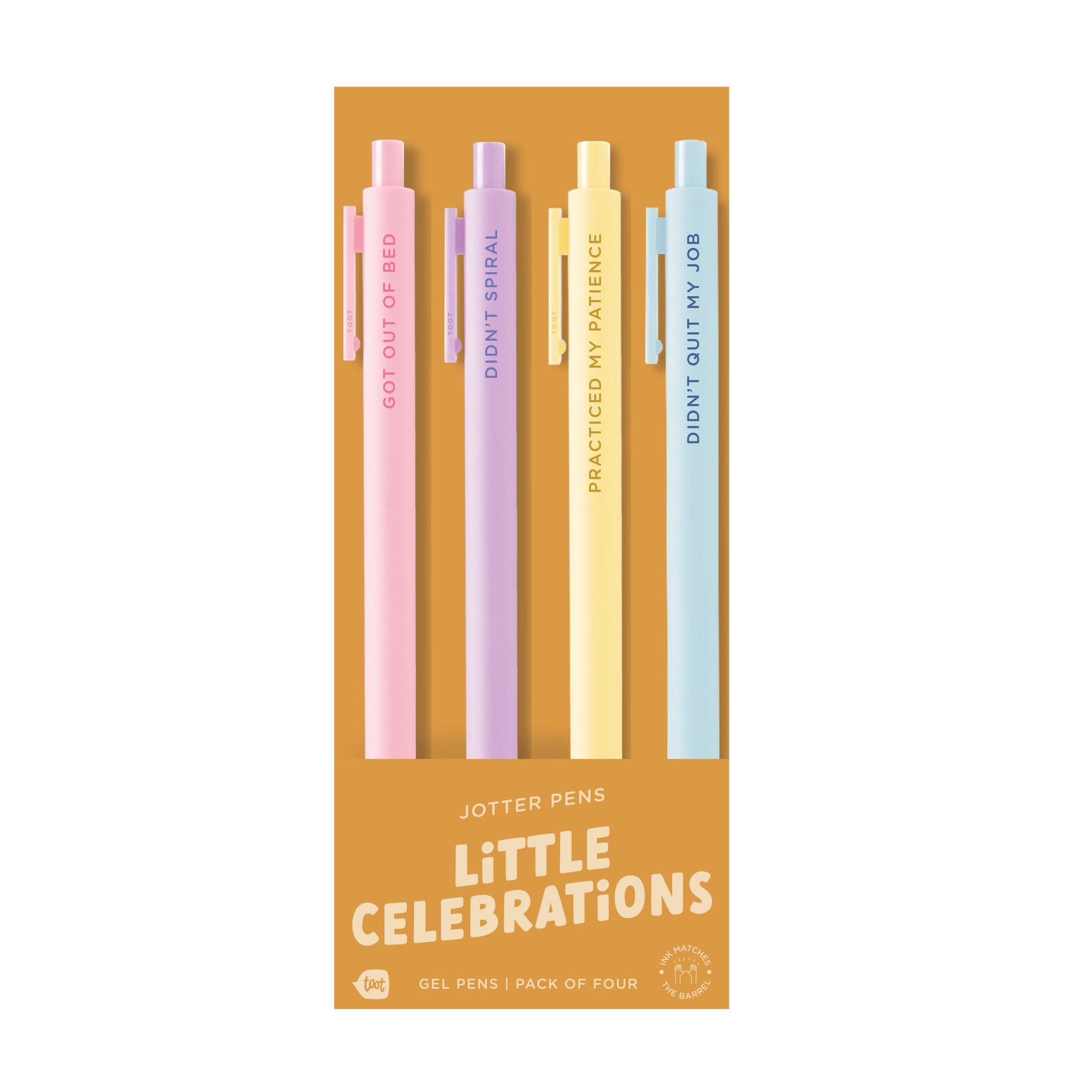 Set of four pens in pastel colors with humorous text on a yellow background