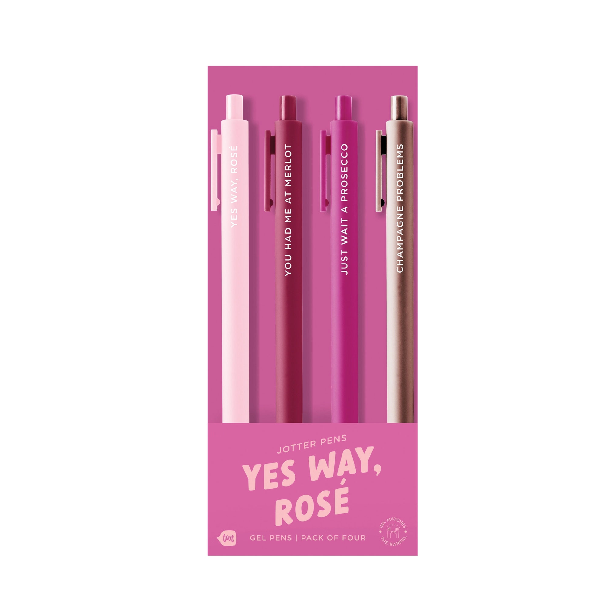 A boxed set of four gel pens in pink, light pink, burgundy, and champagne tones, displayed in a pink retail package. 