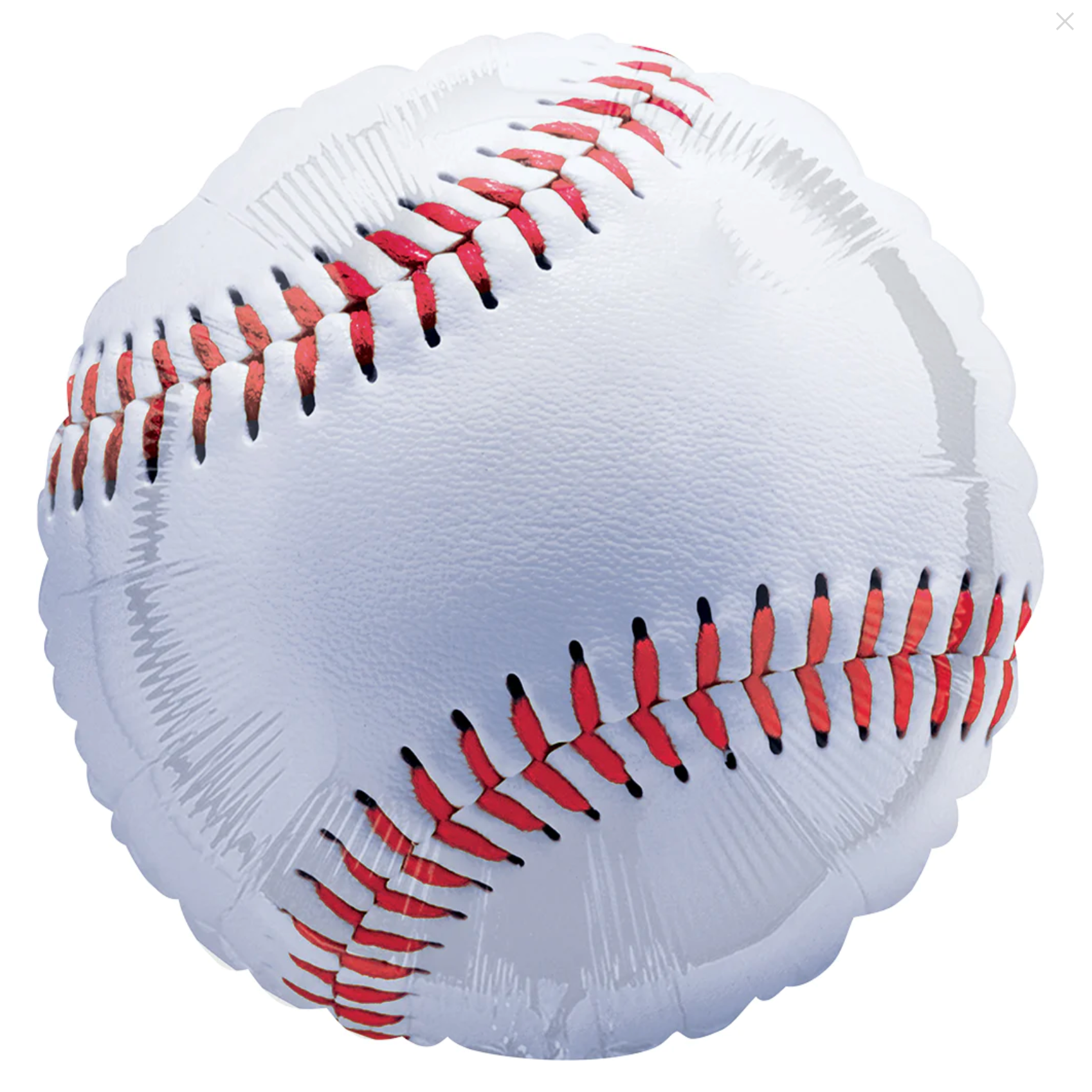 A round mylar balloon designed to resemble a baseball with red stitching.