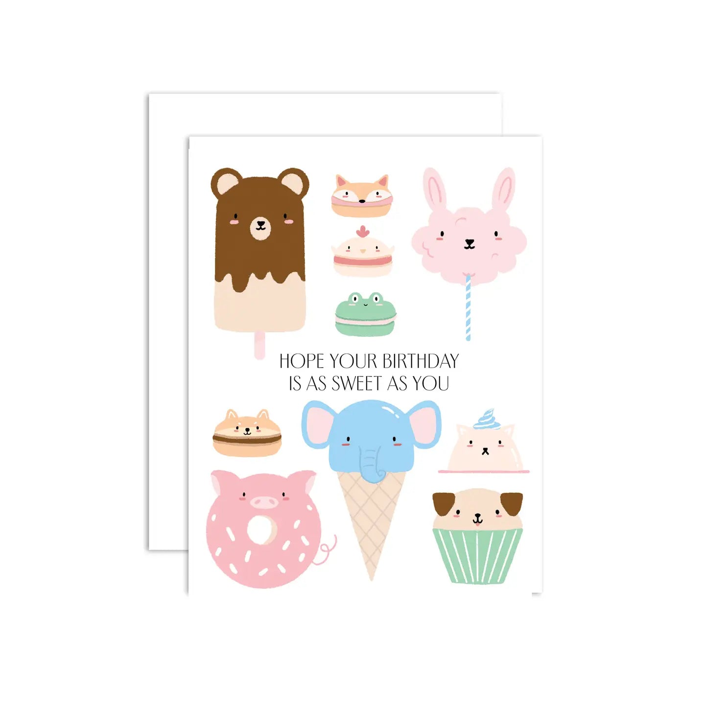 A folded birthday greeting card with a cute, colorful design featuring a bear, ice cream, and other sweet-themed illustrations, accompanied by a white envelope.