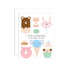 A folded birthday greeting card with a cute, colorful design featuring a bear, ice cream, and other sweet-themed illustrations, accompanied by a white envelope.