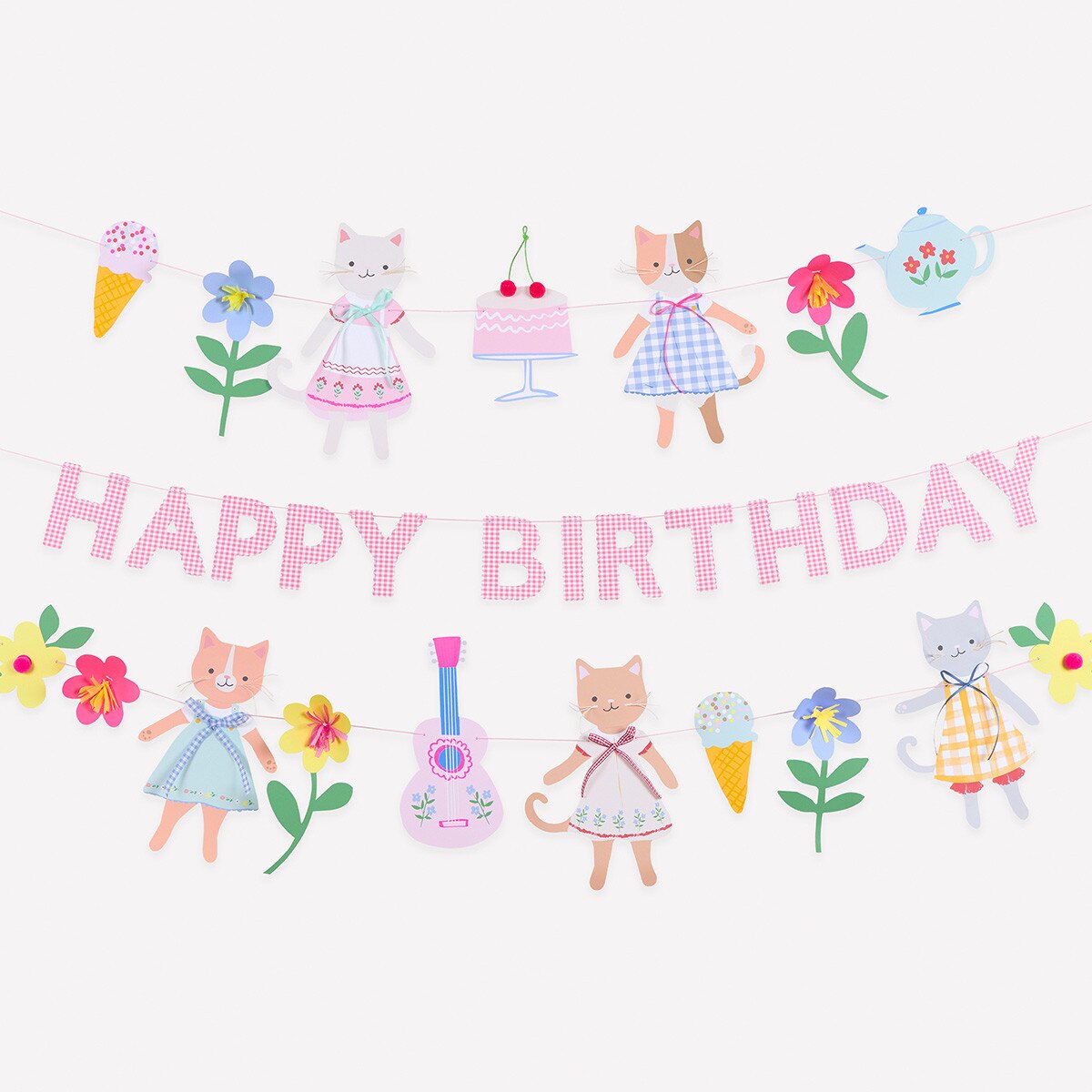 Cartoon cat banners with 'Happy Birthday' text on a white background