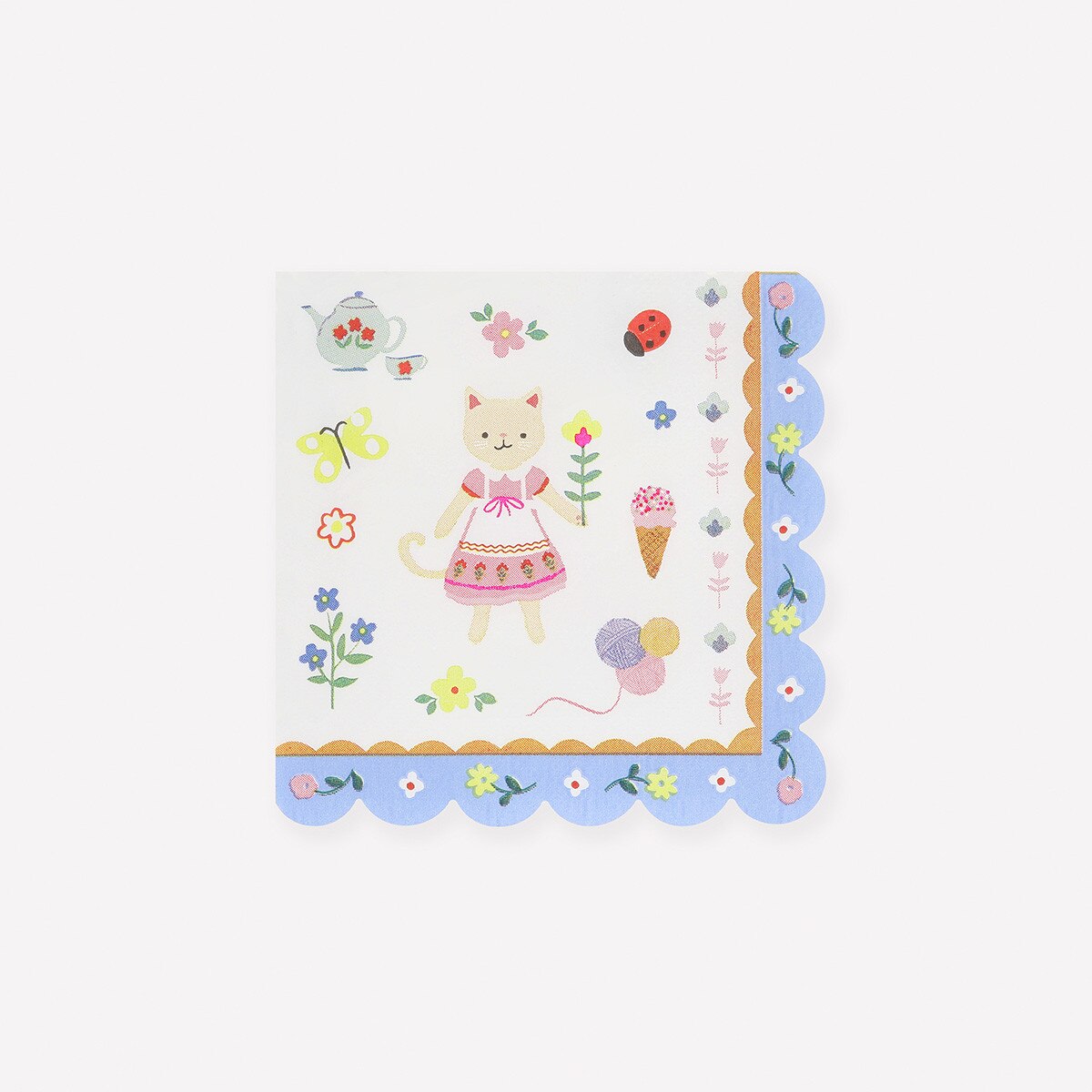 napkin with cat and cute icons like flowers and ice cream on white background