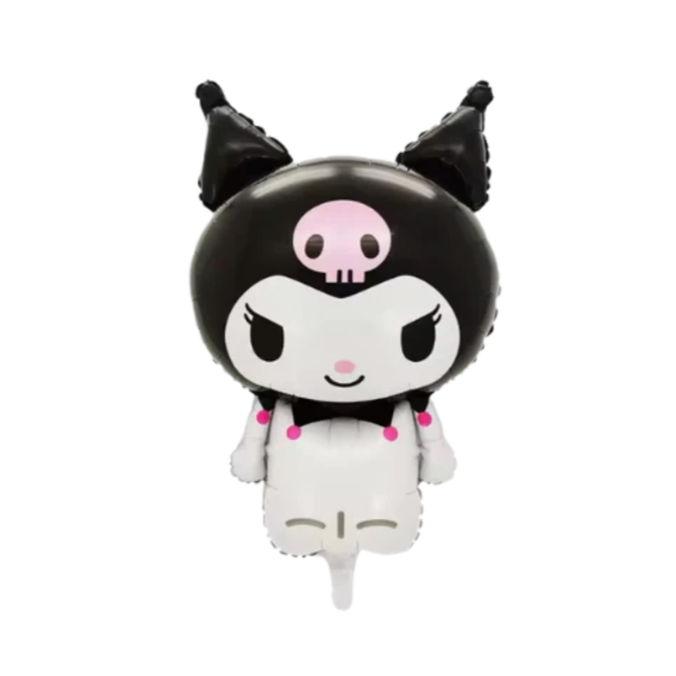 A 32 inch mylar balloon featuring the character Kuromi, predominantly black with white and pink accents, designed for air inflation for a birthday celebration.