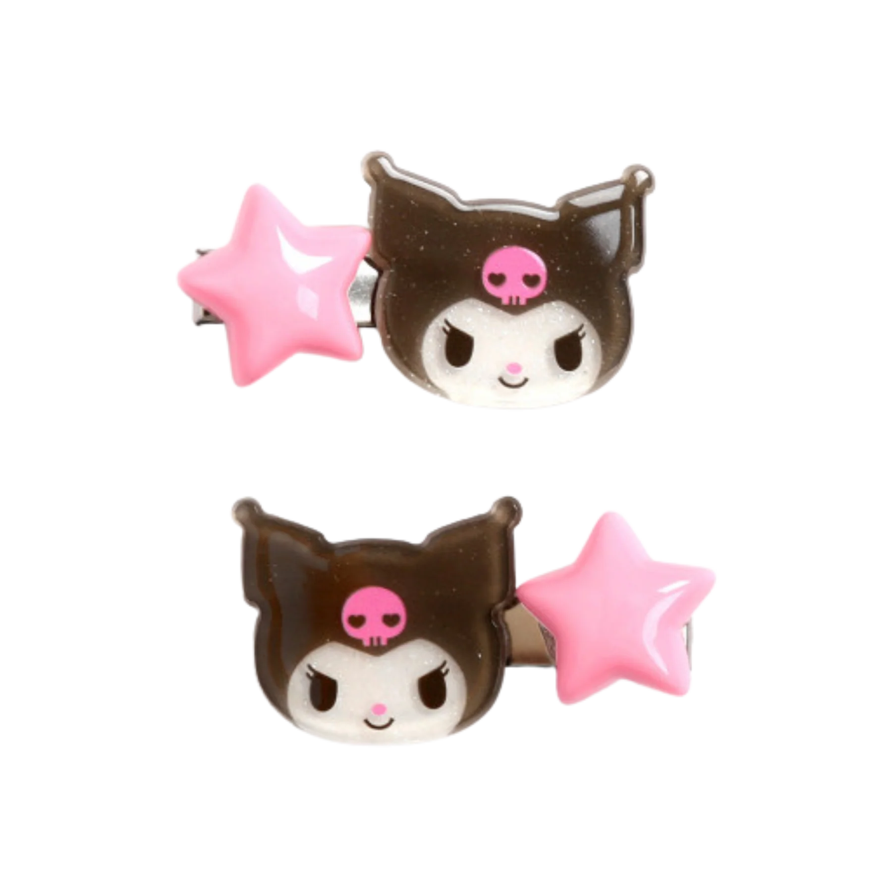 Pair of cat-shaped hair clips with pink stars on a white background