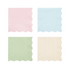 A set of four folded paper napkins in pastel shades of blue, green, pink, and ivory, displayed against a white background.