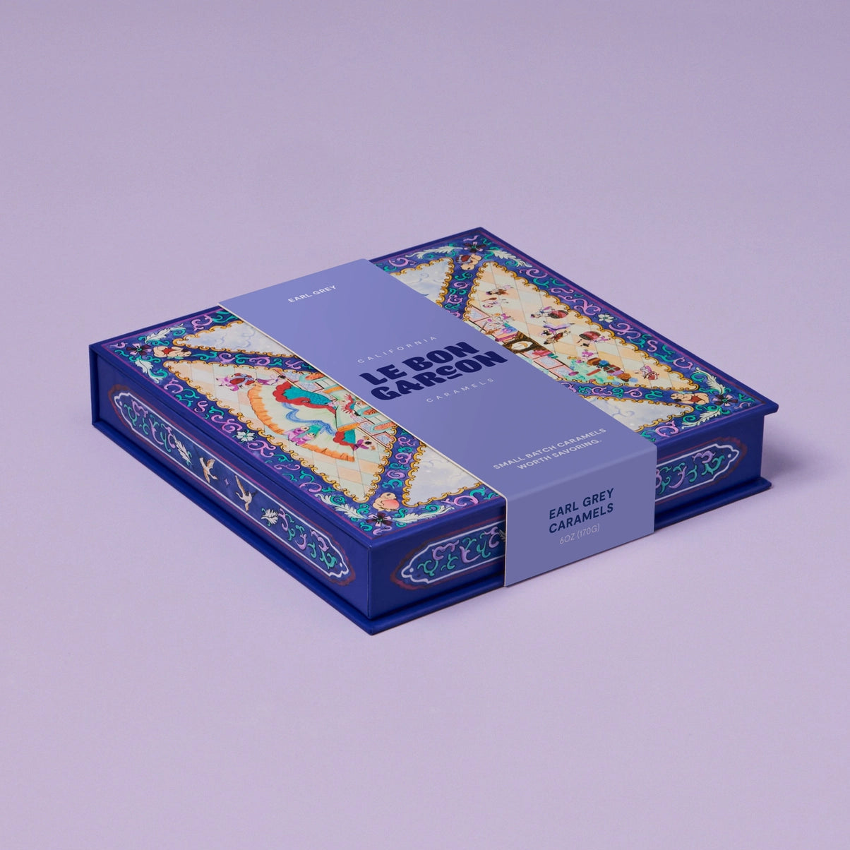 Decorative box with colorful patterns on a light purple background