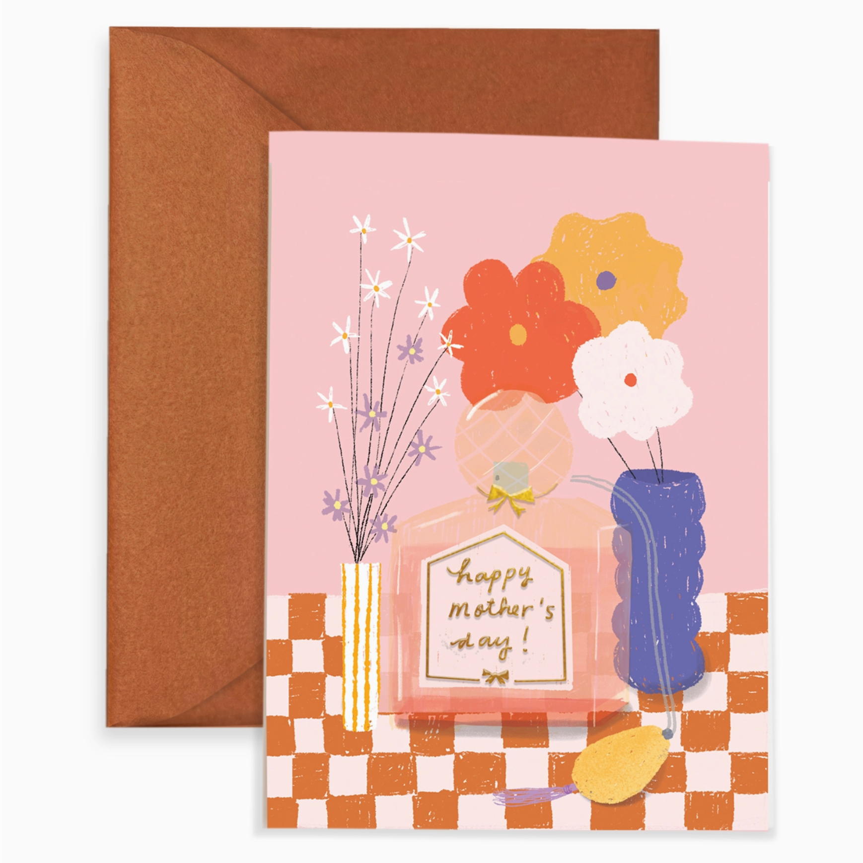 A mother's day greeting card with perfume and flowers