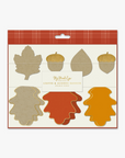 Packaging for a paper banner set featuring fall-themed designs including leaves and acorns, with gold foil accents.