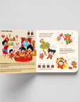 Illustrated book or card with Lunar New Year-themed graphics on a light gray background