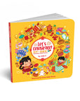 Children's book titled 'Let's Celebrate!' with colorful illustrations on a yellow background
