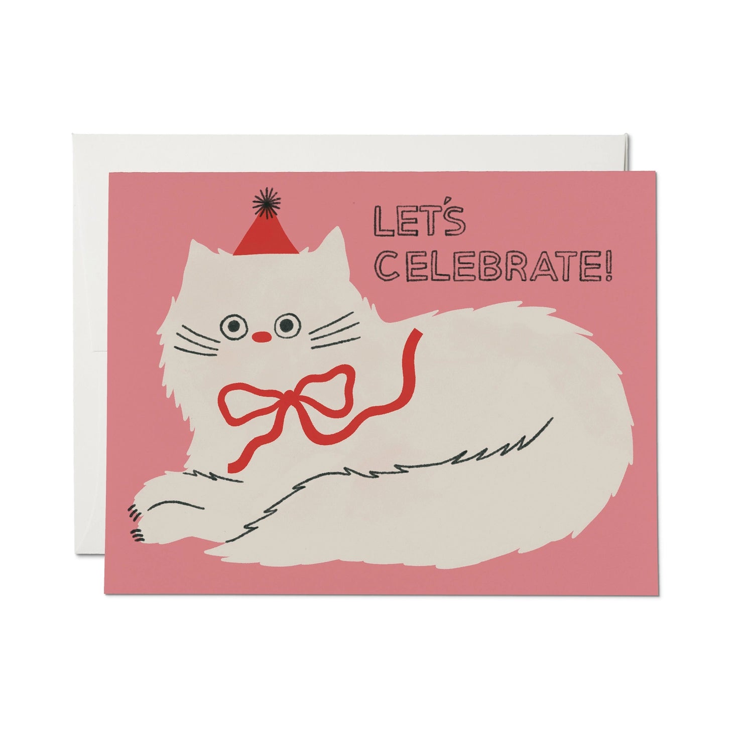 pink card with white cat illustration and text "let's celebrate!"