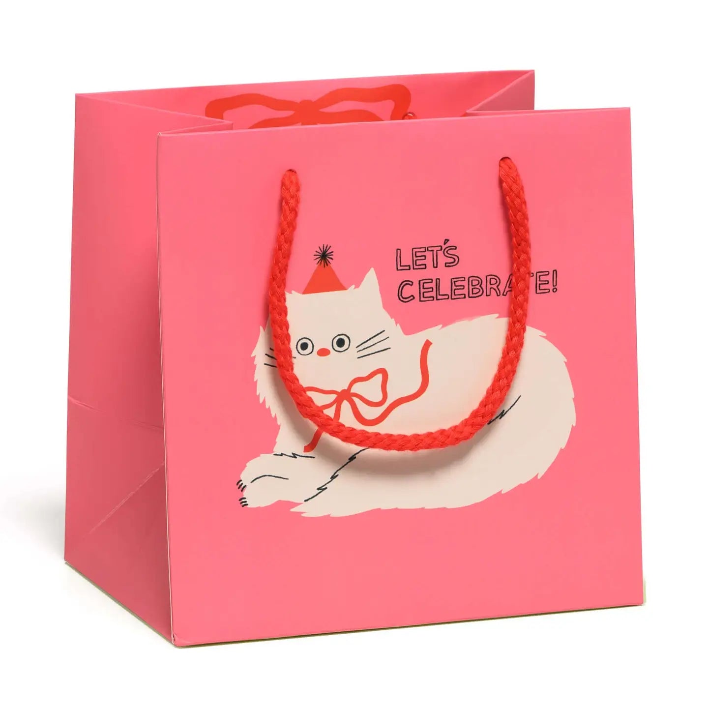 Pink gift bag with a cat illustration and 'Let's Celebrate!' text on a white background