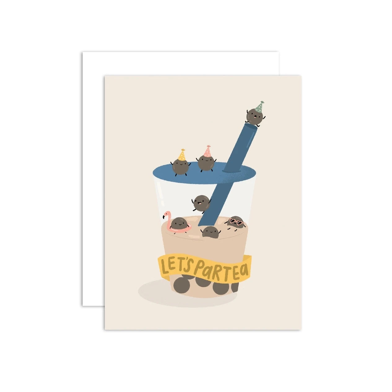 A greeting card with an illustration of a bubble tea cup surrounded by various cartoon boba-inspired characters, with a blue handle and a yellow sign that reads 'Let's partea'.