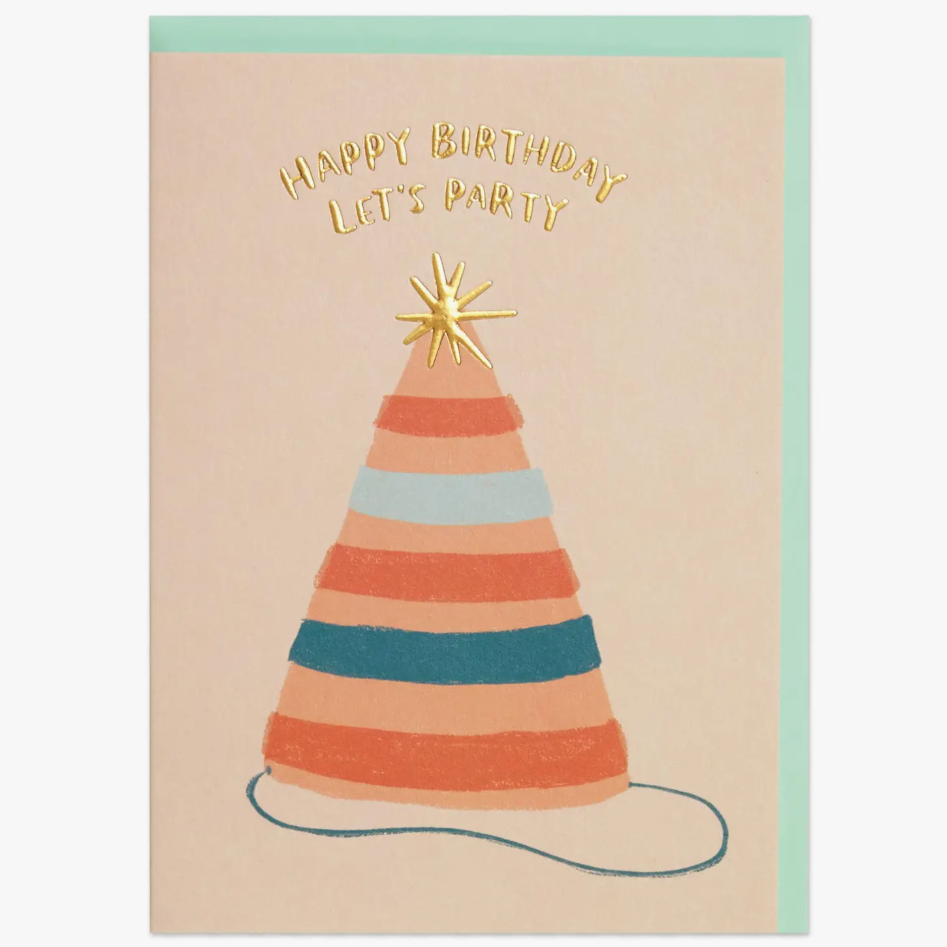 Birthday greeting card with a rainbow striped party hat and gold text that reads "Happy Birthday Let's Party"