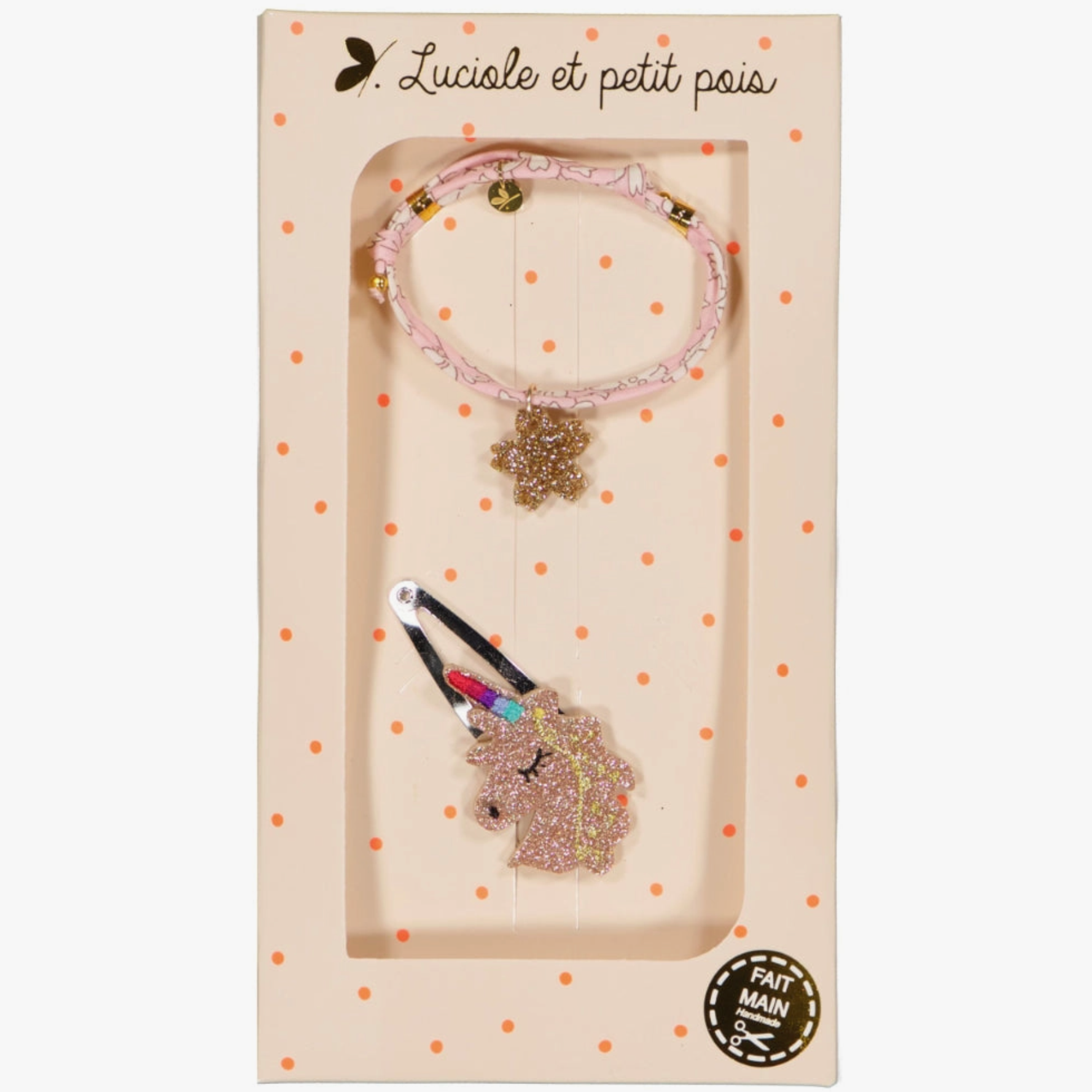 A bracelet and a unicorn hair clip set presented in a packaging with orange polka dots, featuring a unicorn size 1.5 inches and an adjustable cord for fitting kids to teens.