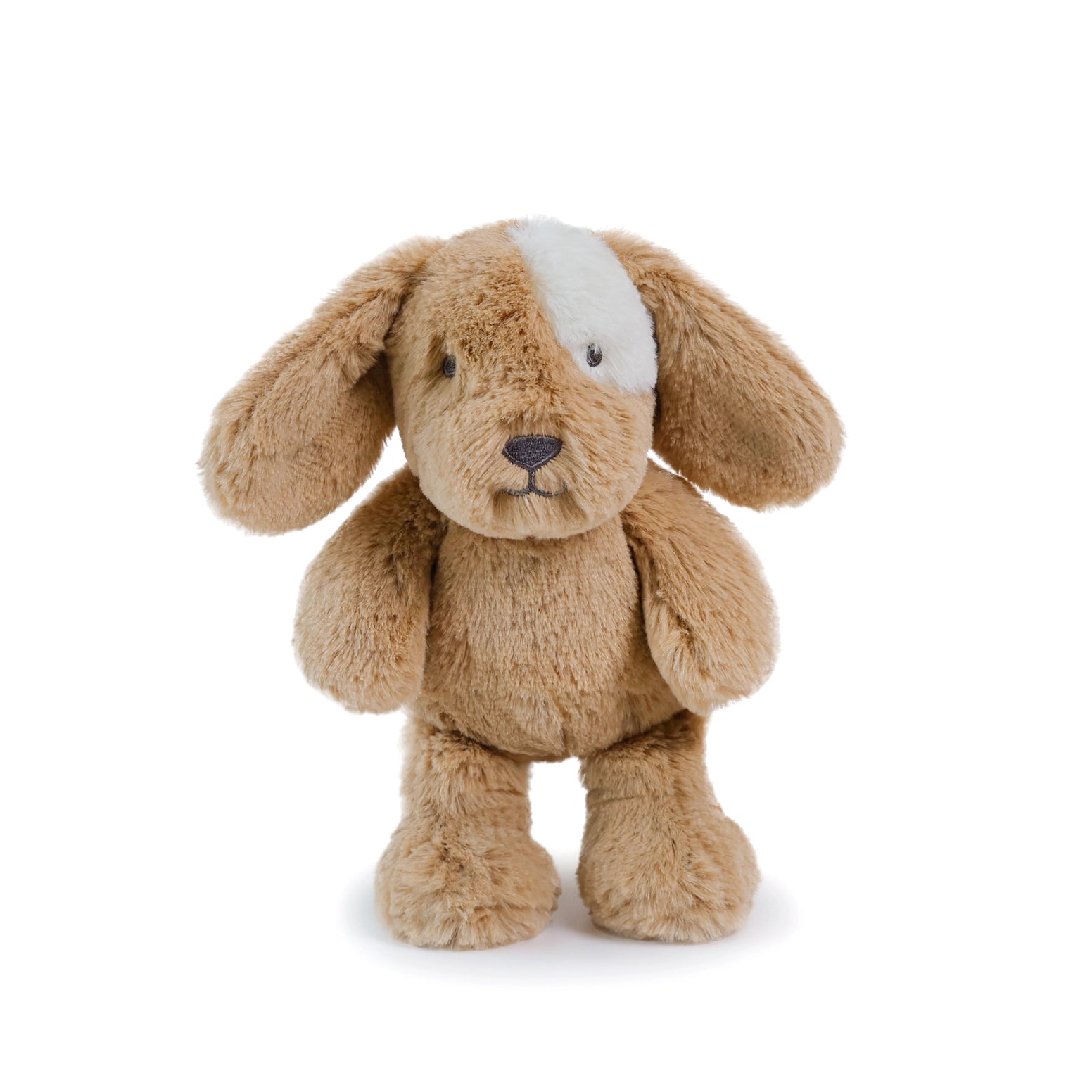 Plush dog toy with a white spot on a white background
