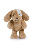 Plush dog toy with a white spot on a white background