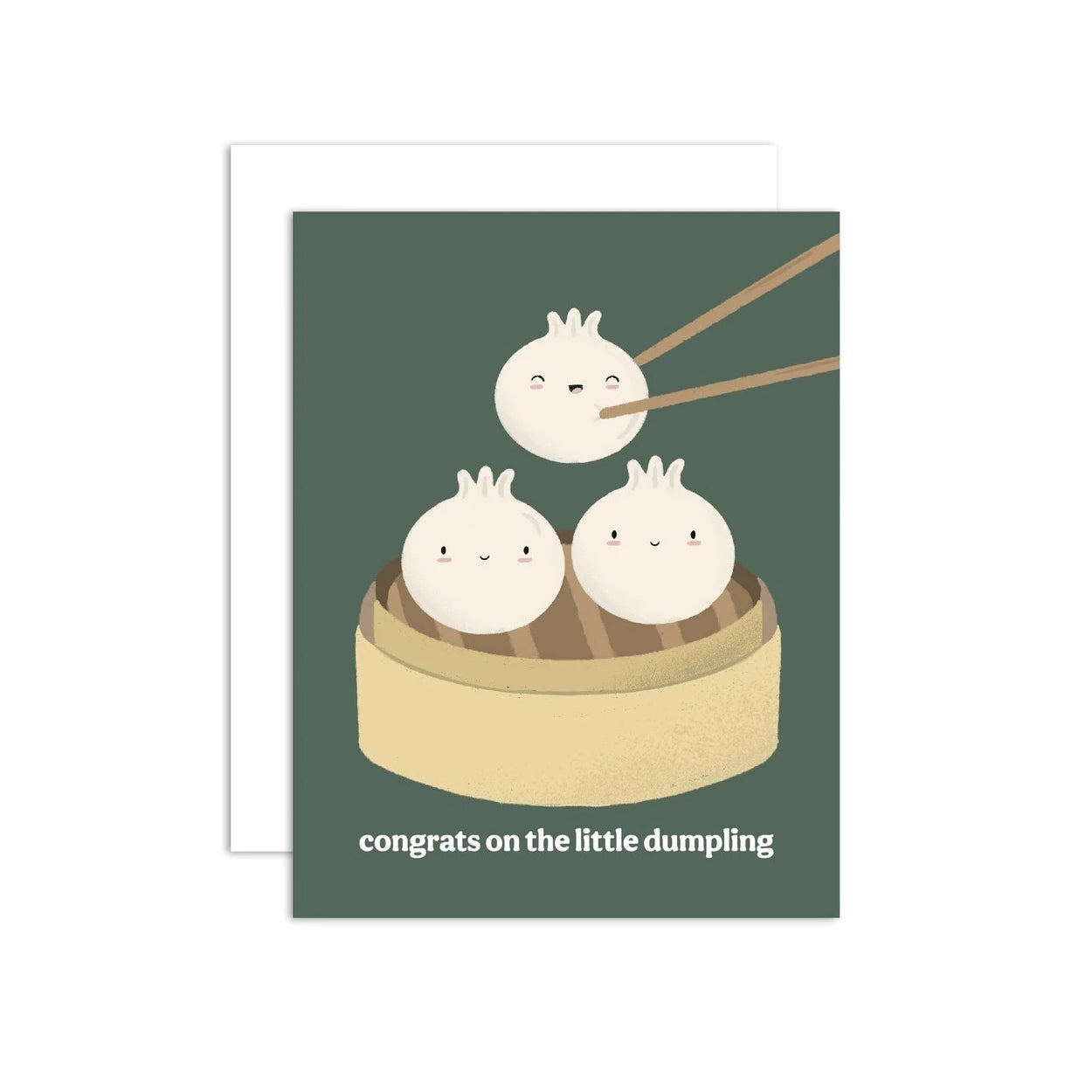 A greeting card with an illustration of two dumplings and a third dumpling with a speech bubble saying 'congrats on the little dumpling'.
