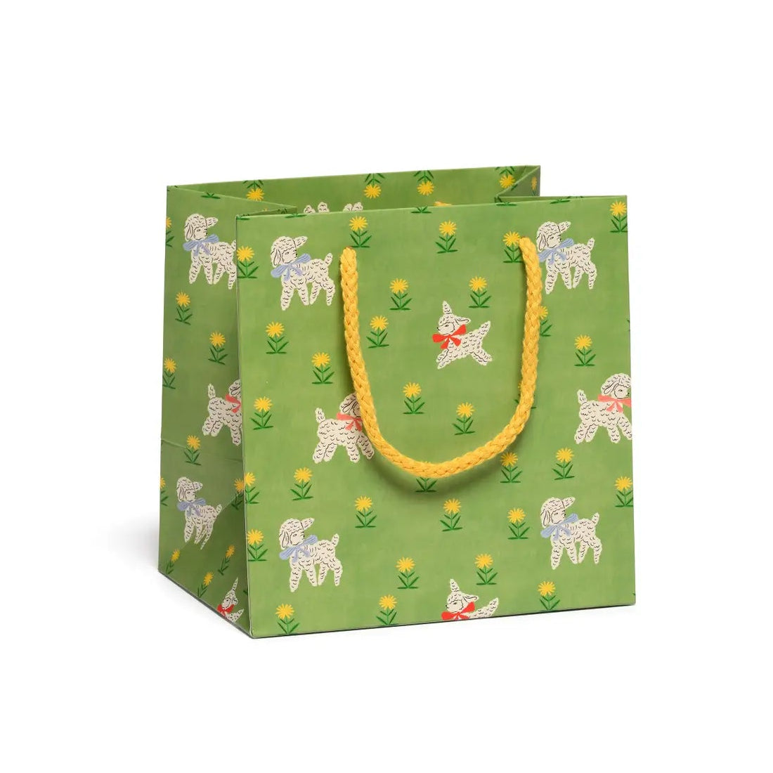 small green gift bag with little lambs and multicolored bows