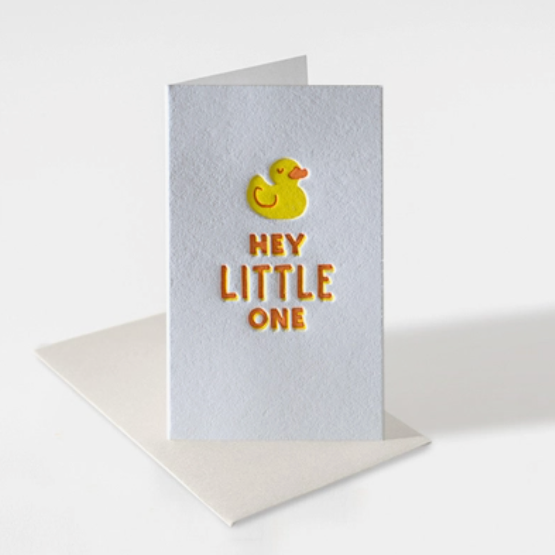 mini white notecard with a duck and text "Hey little one"