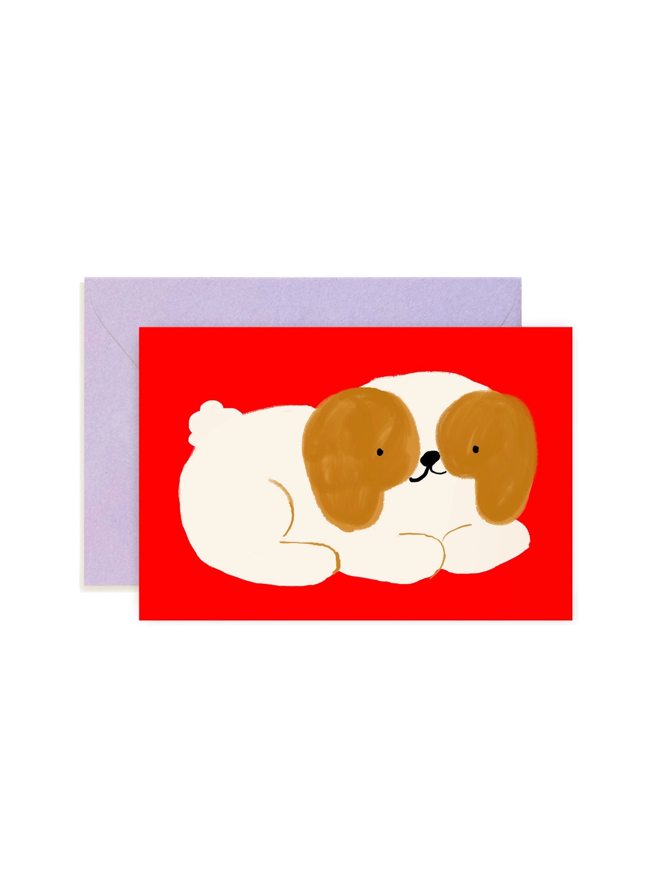 Greeting card with a dog illustration on a red background, accompanied by a purple envelope.