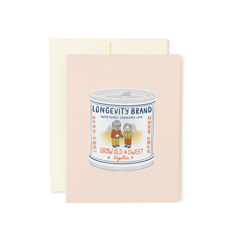 Greeting card with a can of 'Longevity Brand' on a light pink background