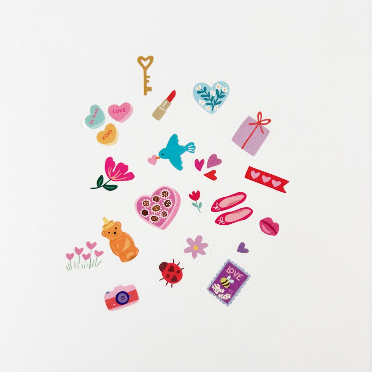 A set of love themed washi stickers like hearts and flowers