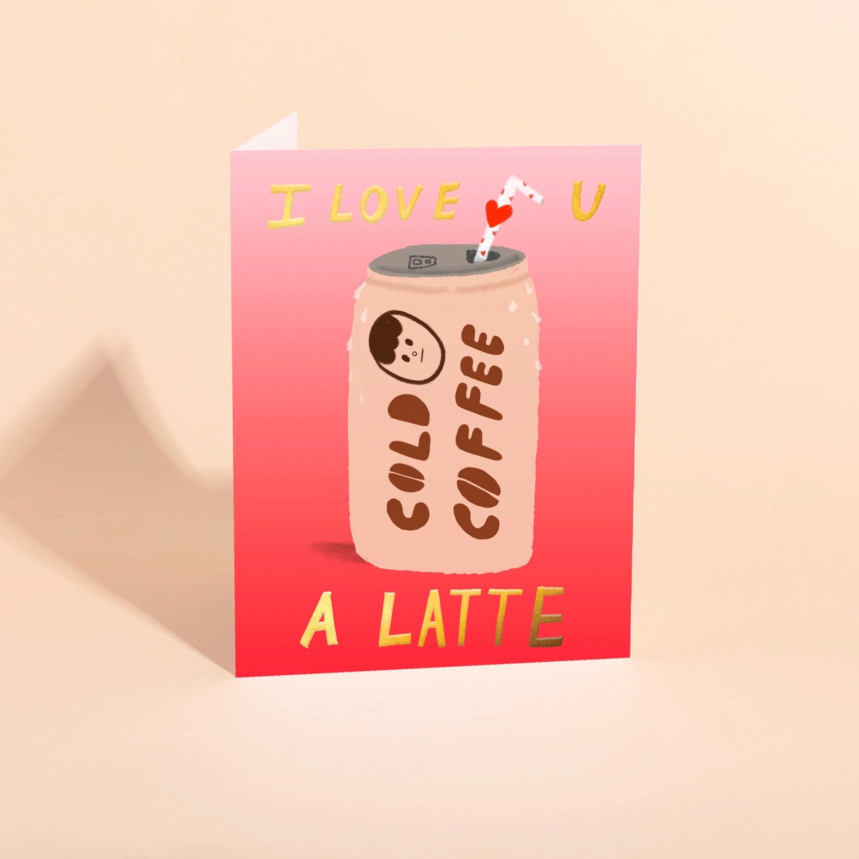 ombre card featuring cold coffee drawing and text "I love u a latte"