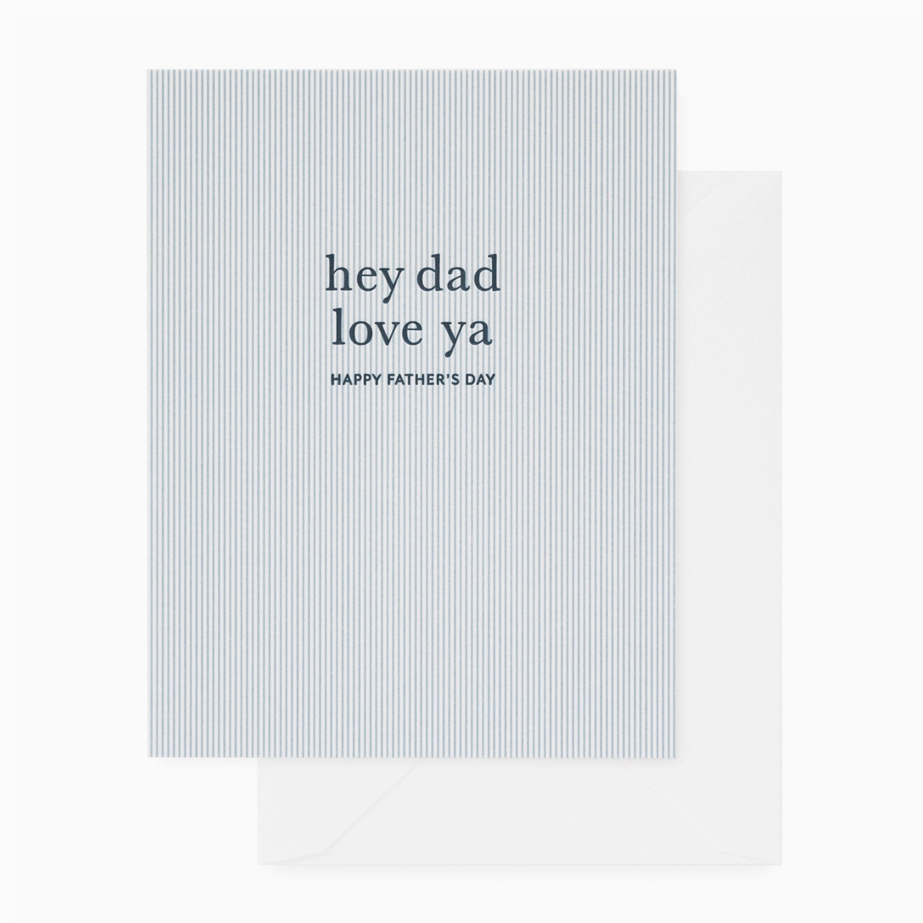 A Father's Day greeting card with striped blue and white design, text reads 'hey dad love ya HAPPY FATHER'S DAY'. Accompanied by a white envelope.