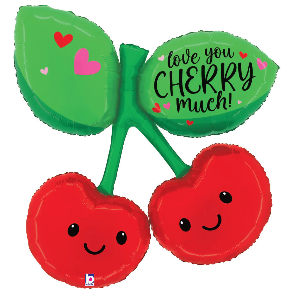 A Valentine's themed balloon with a green leaf and red cherry design, along with the phrase 'LOVE YOU CHERRY MUCH!' written across.