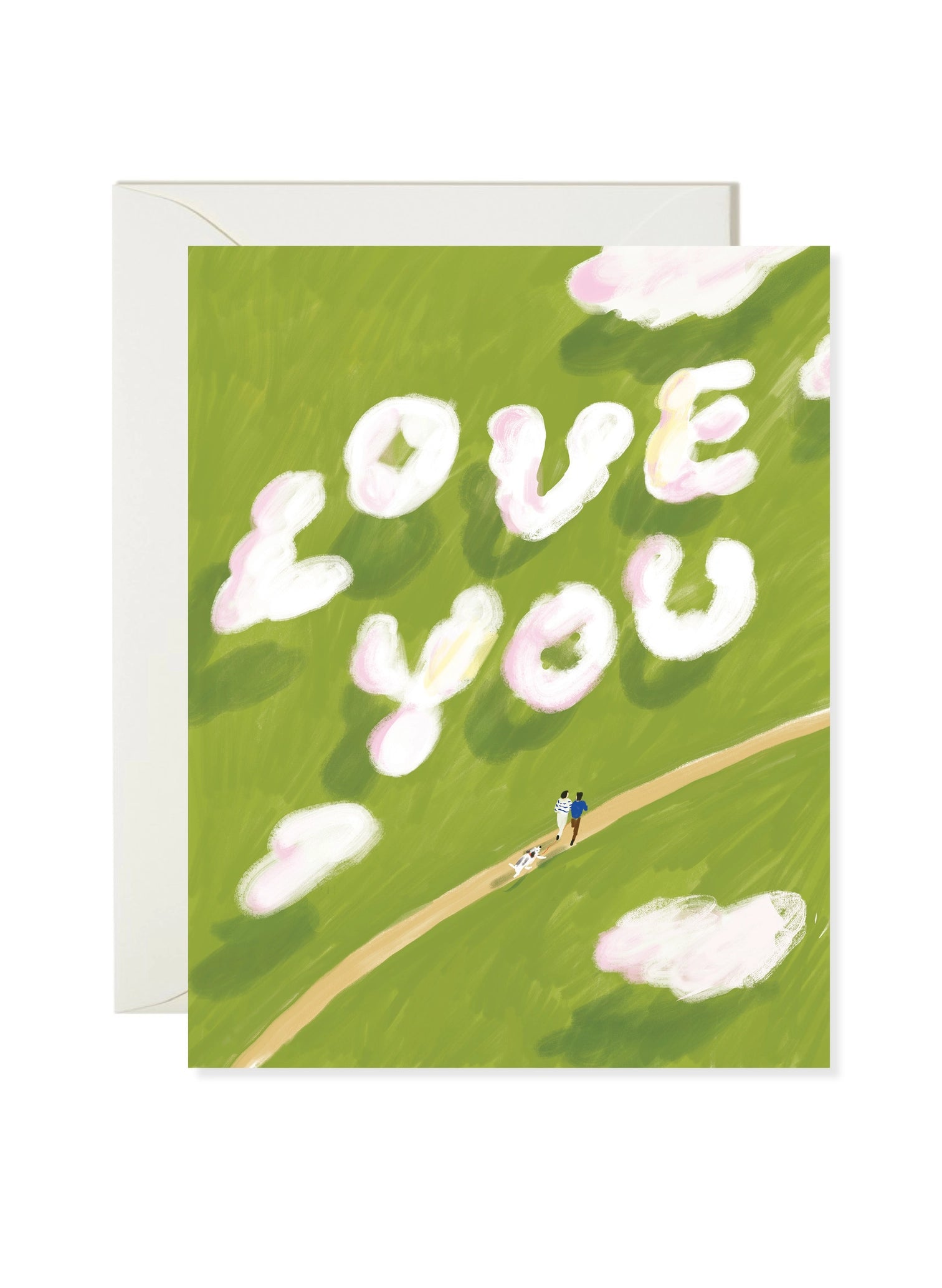 Greeting card with 'LOVE YOU' text and a couple on a path, on a green background.