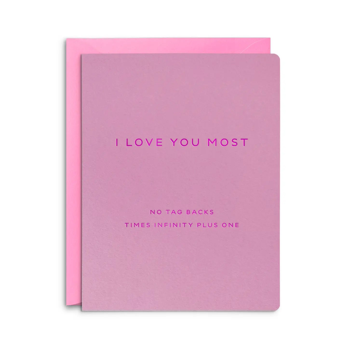 A pink greeting card with the text 'I LOVE YOU MOST' in capital letters, accompanied by a matching pink envelope.