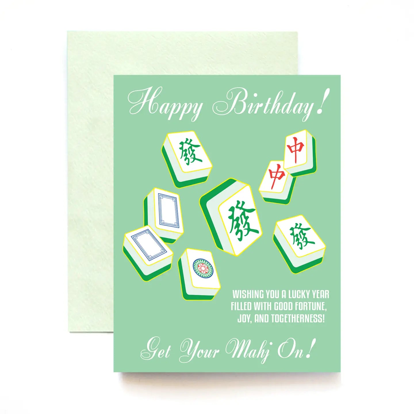 mint birthday card featuring mahjong tiles and matching mint envelope