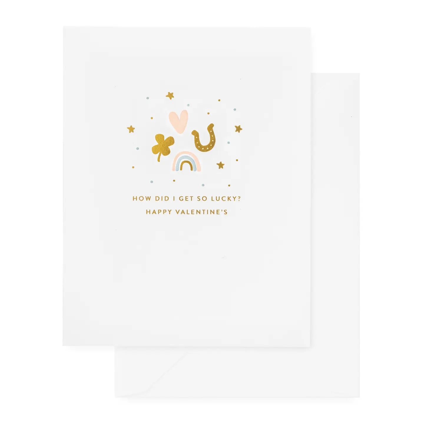A Valentines day car with lucky charms icons in gold and pastel colors along with gold small text reading "How did I get so Lucky? Happy Valentines"