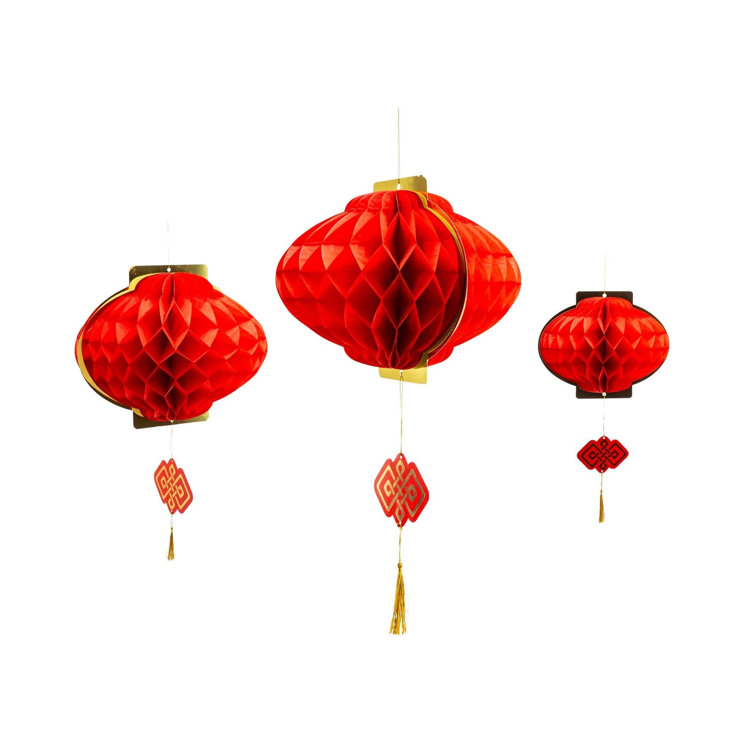 Three red paper lanterns with gold accents on a white background