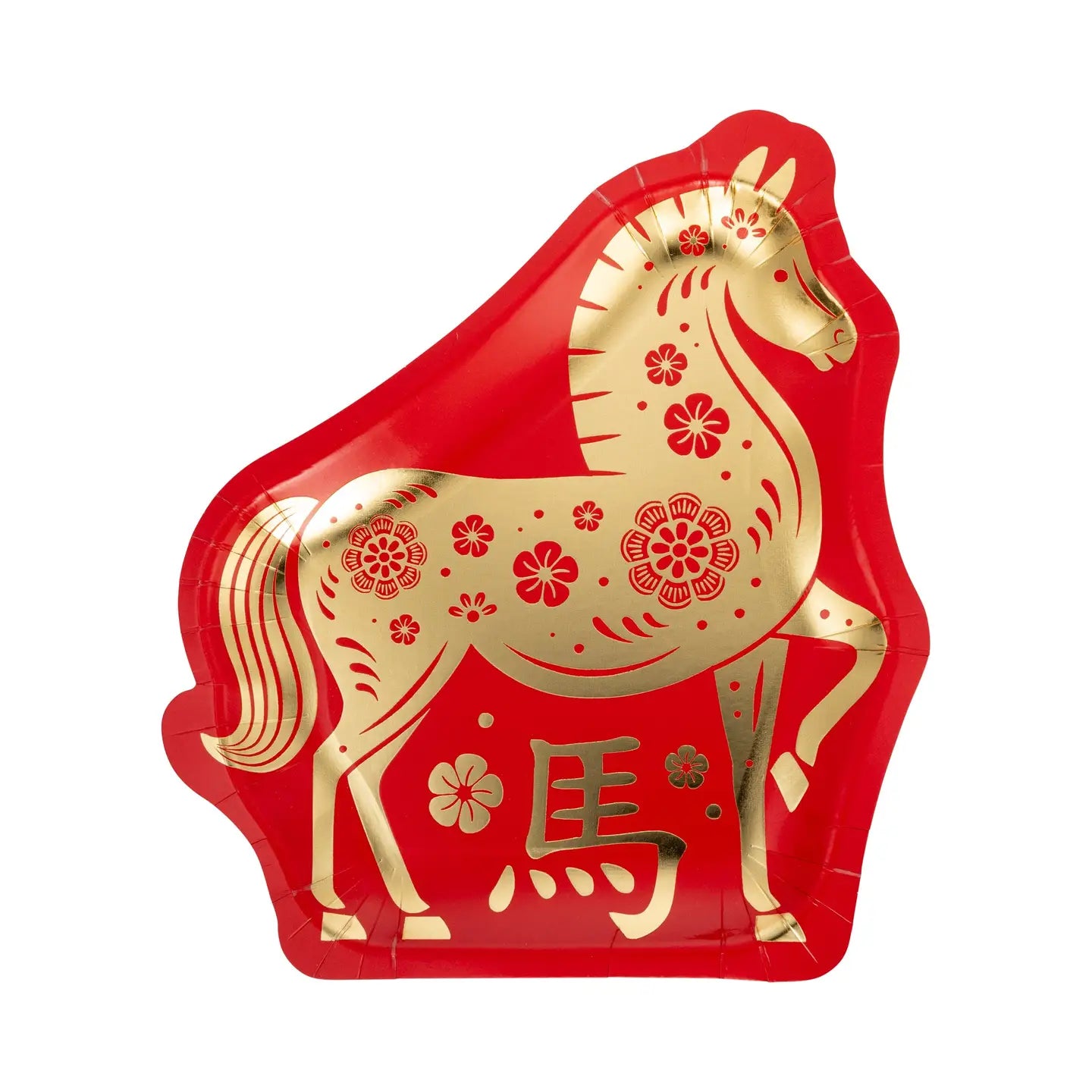 red plate in shape of horse with "horse" text in Chinese