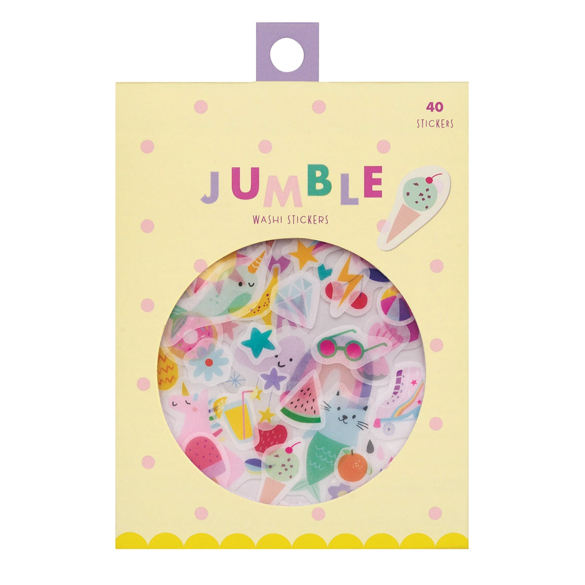 Packaging of Jumble Washi Stickers with various colorful designs visible through a circular window.