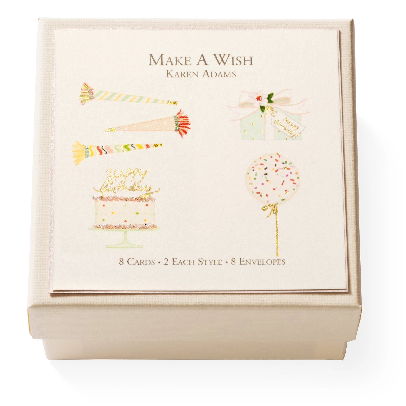 A cream box of mini cards with 4 designs on the cover: party blowers, present, cake, and balloon