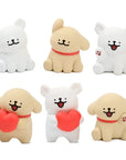 Set of six cute dog figurines with different poses and expressions on a white background