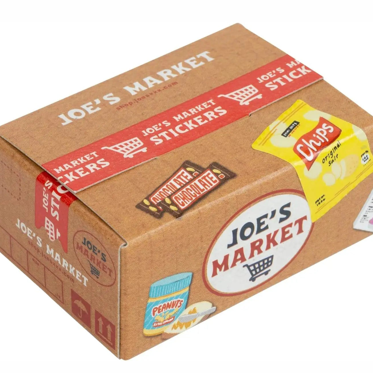 Cardboard box with 'Joe's Market' branding and product images on a white background