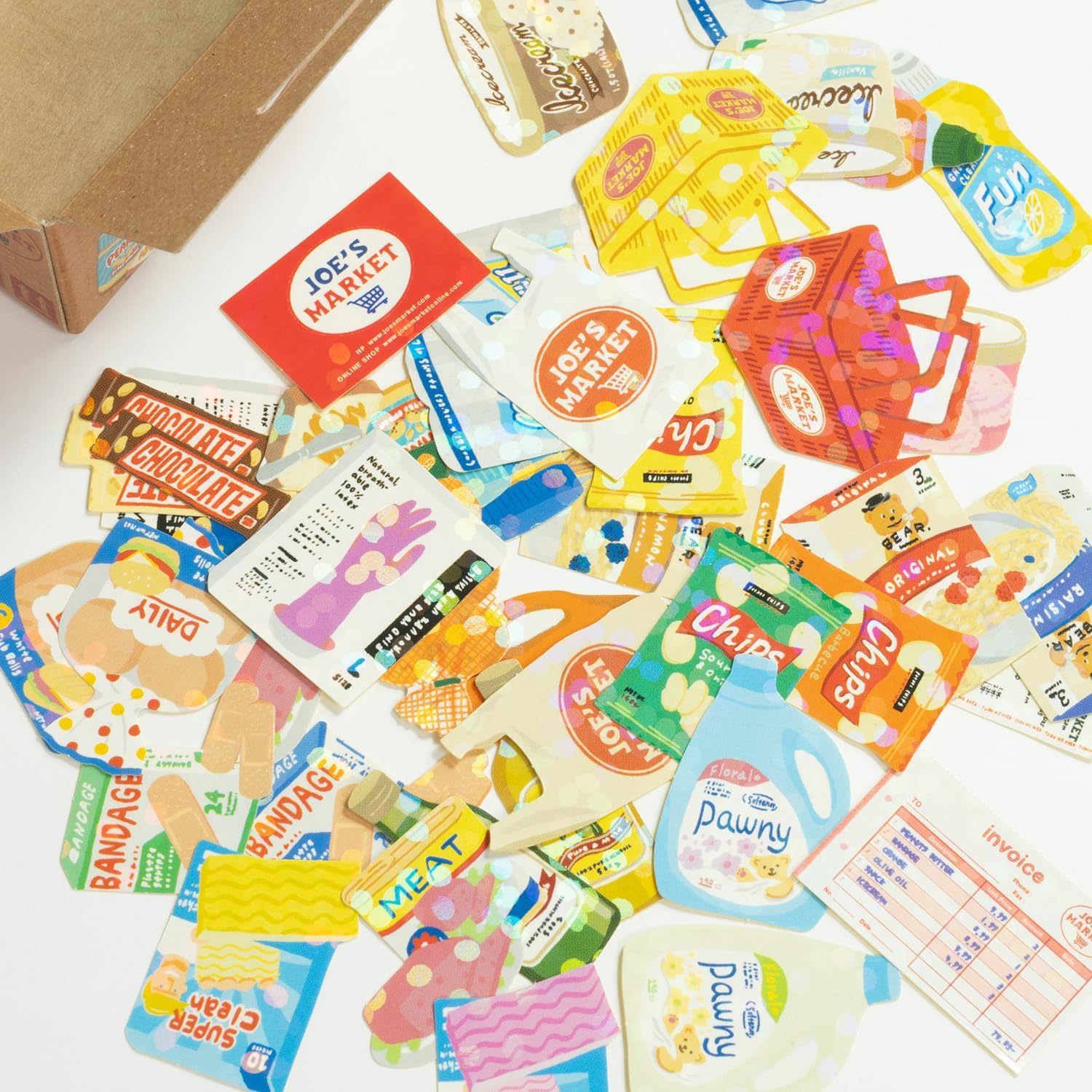 Collection of colorful grocery store labels and packaging on a white surface