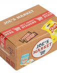 Cardboard box with 'Joe's Market' branding and product images on a white background