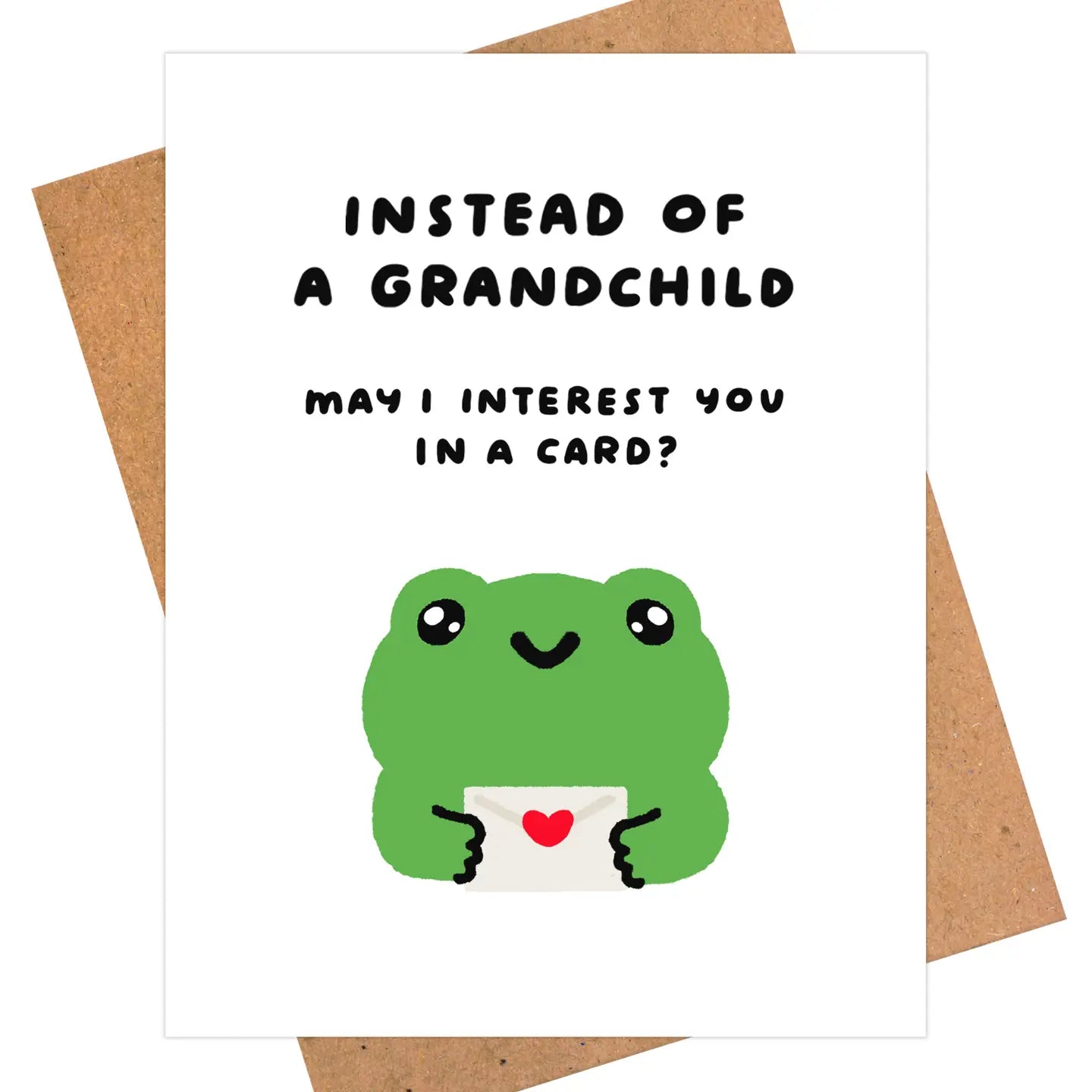 card featuring a green frog holding an envelope with a heart