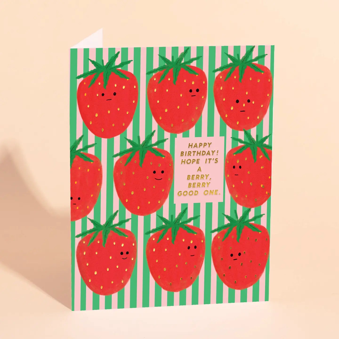 Birthday card with red strawberries and a green striped background
